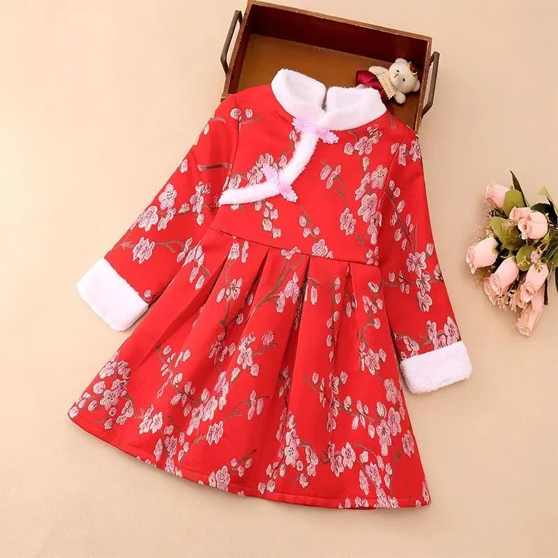

2022 Chinese Festival Cheongsam Dress Girls Coat Thick Quilted Winter Girl Clothes Baby Dresses Children New Year Clothes Outfit