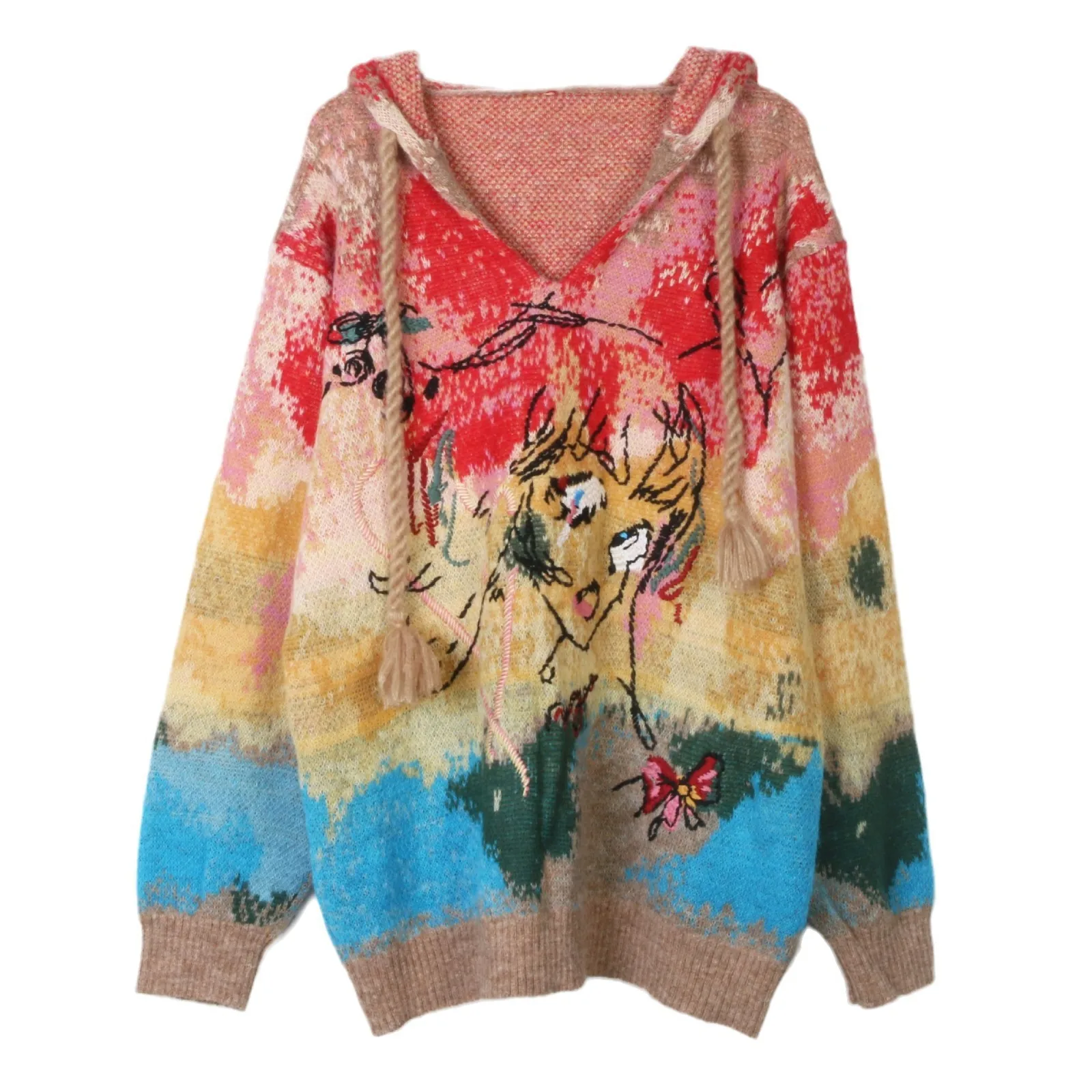 Красочный женский пуловер с капюшоном вязаный свитер граффити красивый для