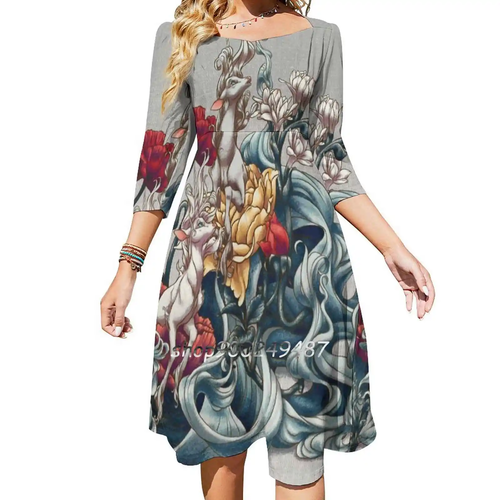 

Unicorn Garden ~ Unicorn Art Floral Print Sweet Elegant Dress Women Korean Kawaii Square Collar Dress Unicorn Unicorns Colorful