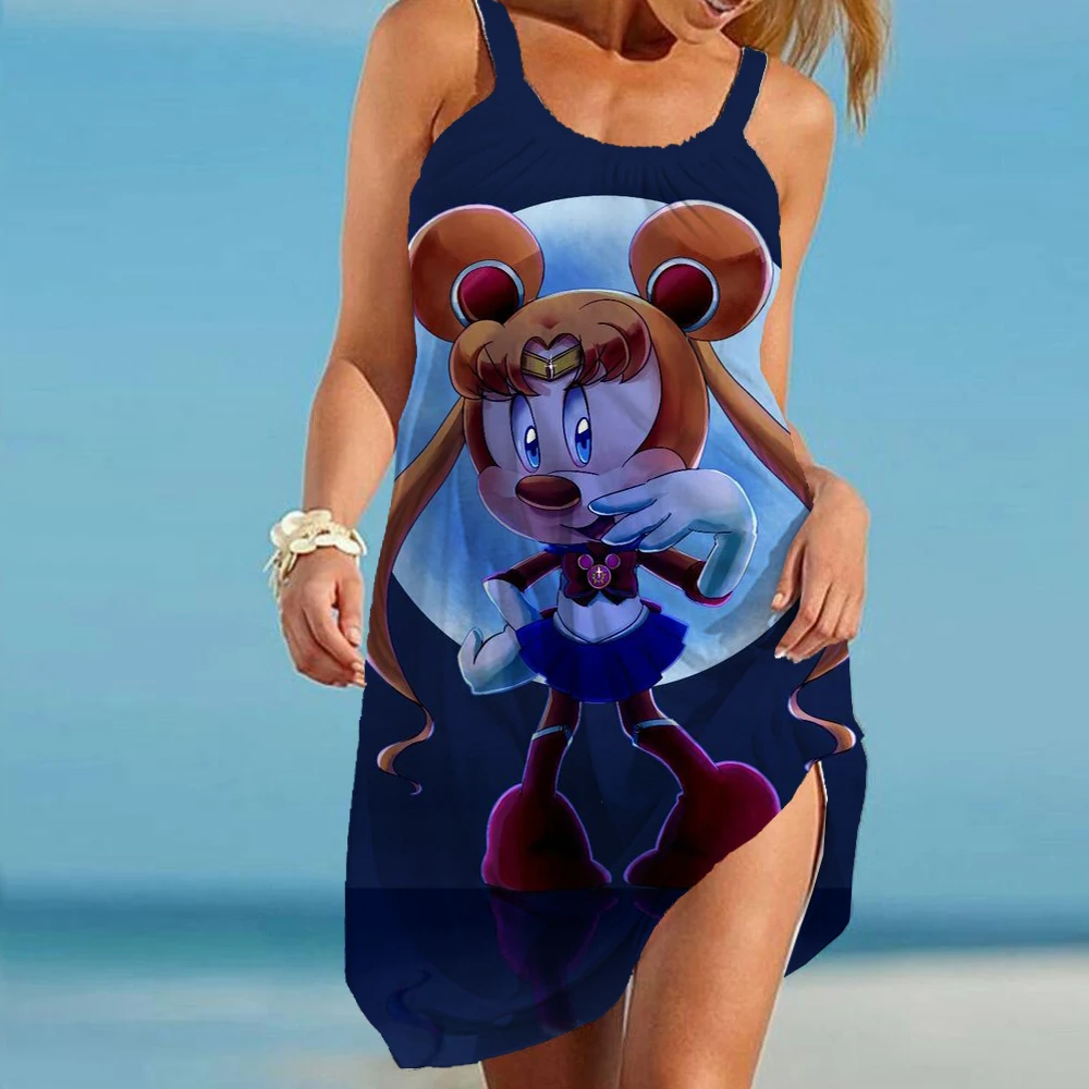 

Boho Summer Beach Dress Hot Sale Fashion Party Dress Summer Cool Disney Minnie Mickey Loose O Neck Backless Dress Dropshipping