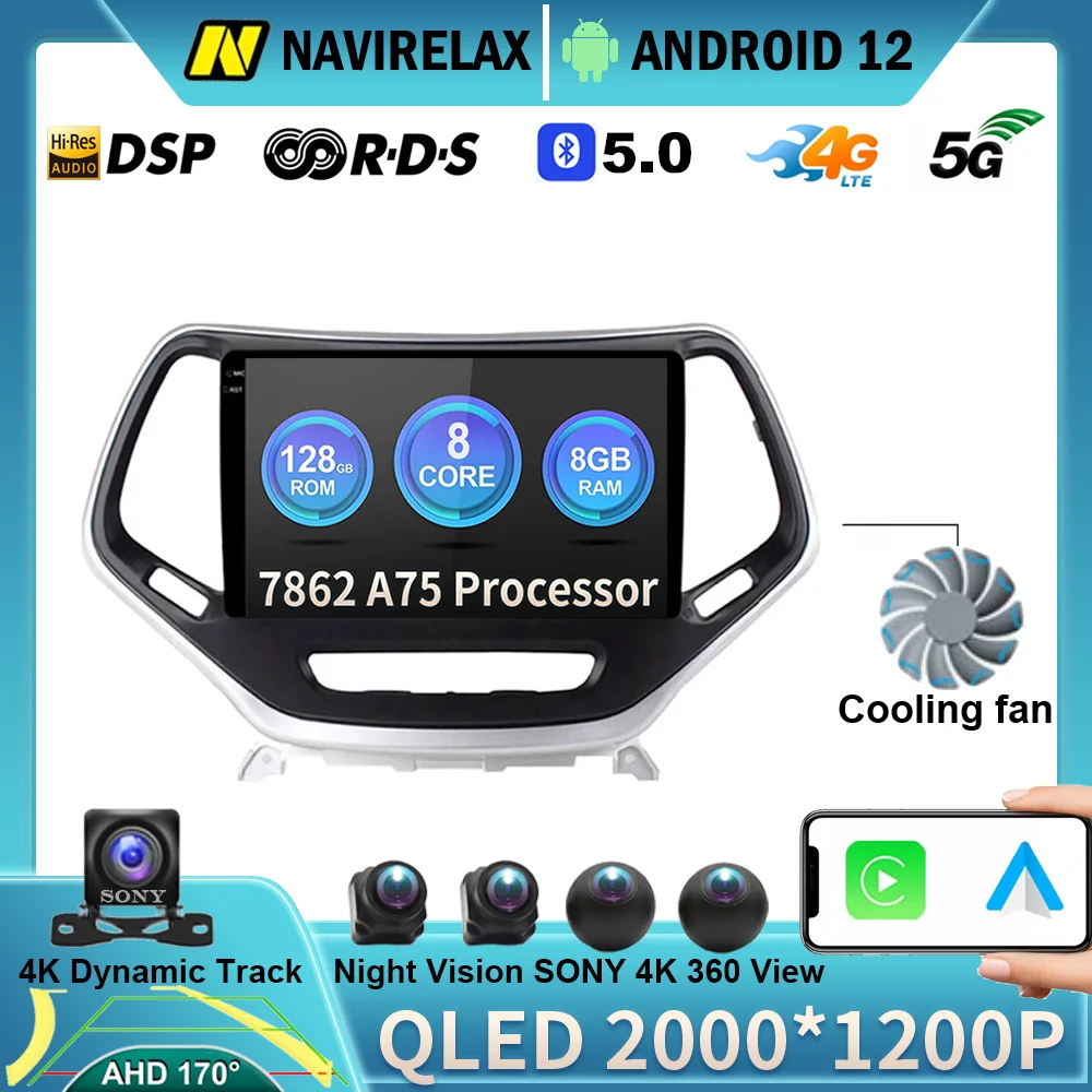 

Автомагнитола на Android 12 для Jeep Cherokee 5 KL 2014-2018, мультимедийный видеоплеер для Carplay, навигация, стерео, GPS, Wi-Fi, 4G, QLED