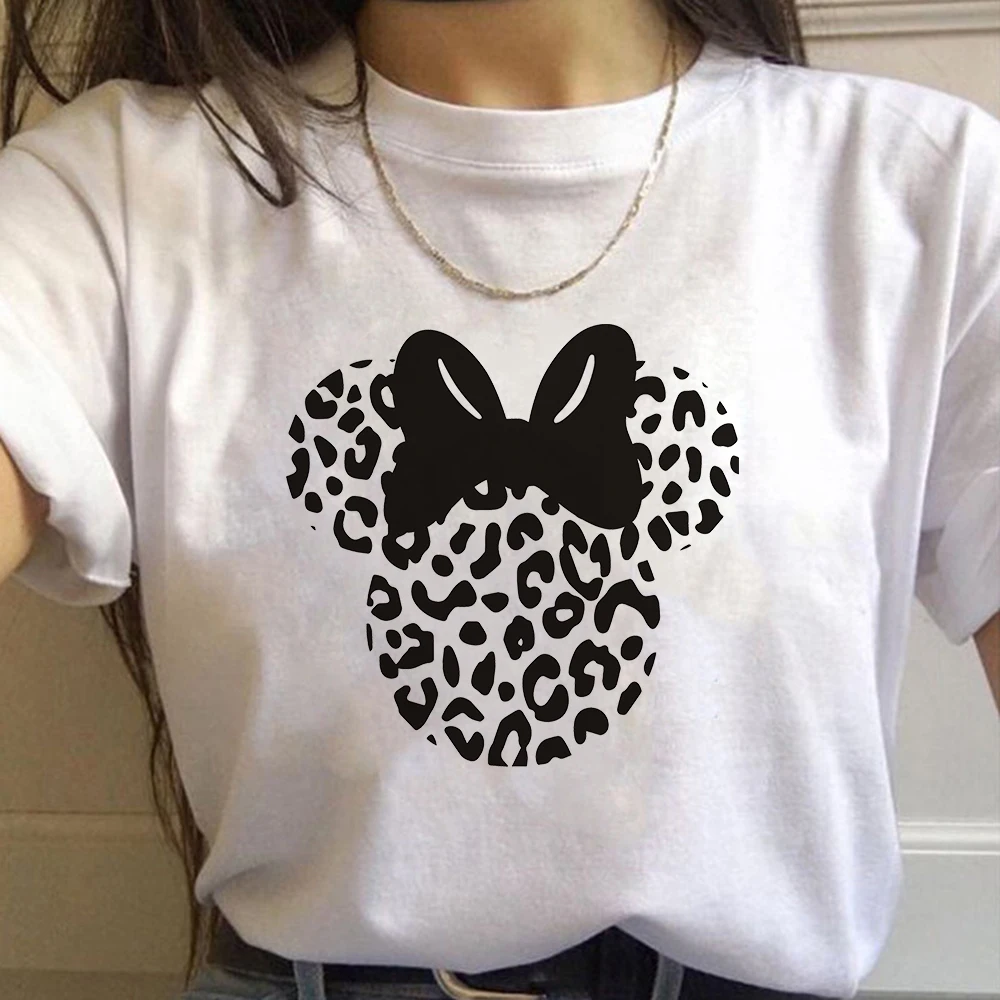 

Women t shirt Minnie Mouse Print Casual Cartoon Leopard Bow Short Sleeve T-Shirts Summer Lady Girl Clothing Tops Female TShirt