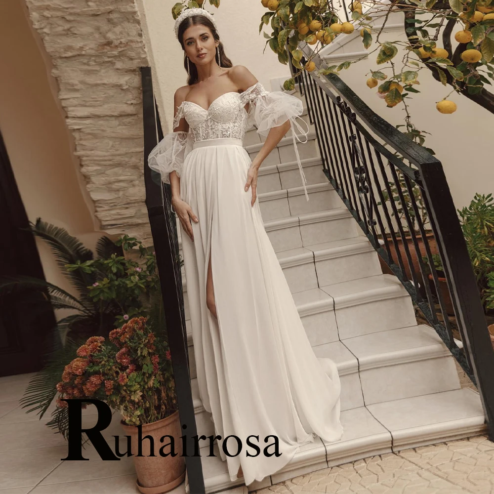 

Ruhair Fashionable Chiffon Wedding Dresses 2024 Bride Appliques Lace Puff Sleeves Side Slit Custom Made Vestido De Casamento