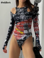 goth dark cyber y2k cut out sexy women bodysuits gothic punk aesthetic bodycon tops grunge long sleeve letter print streetwear