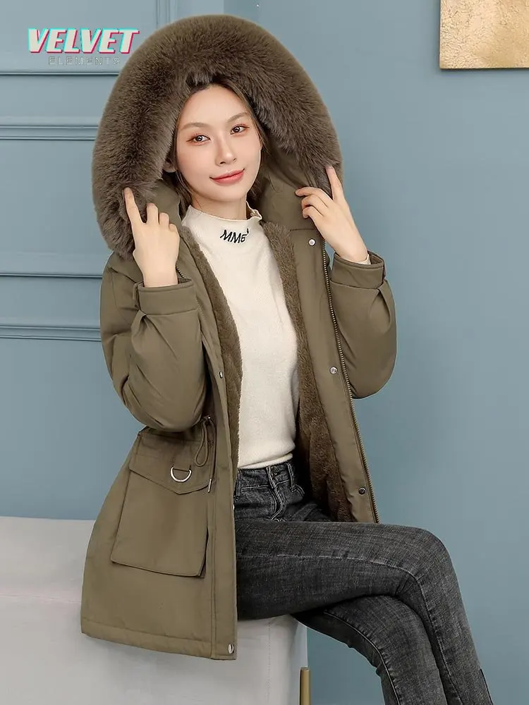 VelvetElements 2023 New Winter Fur Hooded Long Sleeve Jacket Women Solid Cotton-padded Warm Loose Parkas Coat Fashion Outwear