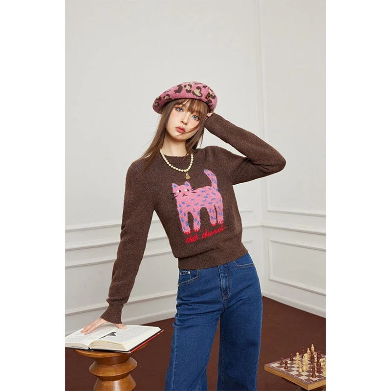 Y2K Cropped Sweater Women Harajuku Cartoon Cat Knitted Pullovers Winter Kawaii Print Long Sleeve Knitwear Korean Slim Jumpers