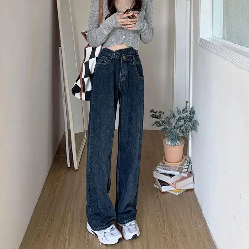 

Женская одежда, яркие Асимметричные Широкие штаны, Осенние трендовые брюки на пуговицах с высокой талией, женские модные джинсы на молнии