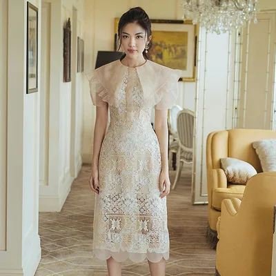 

SuperAen 2022 Summer New Embroidered Lace Patchwork O-Neck Casual Straight Mid-Calf Dresses for Women
