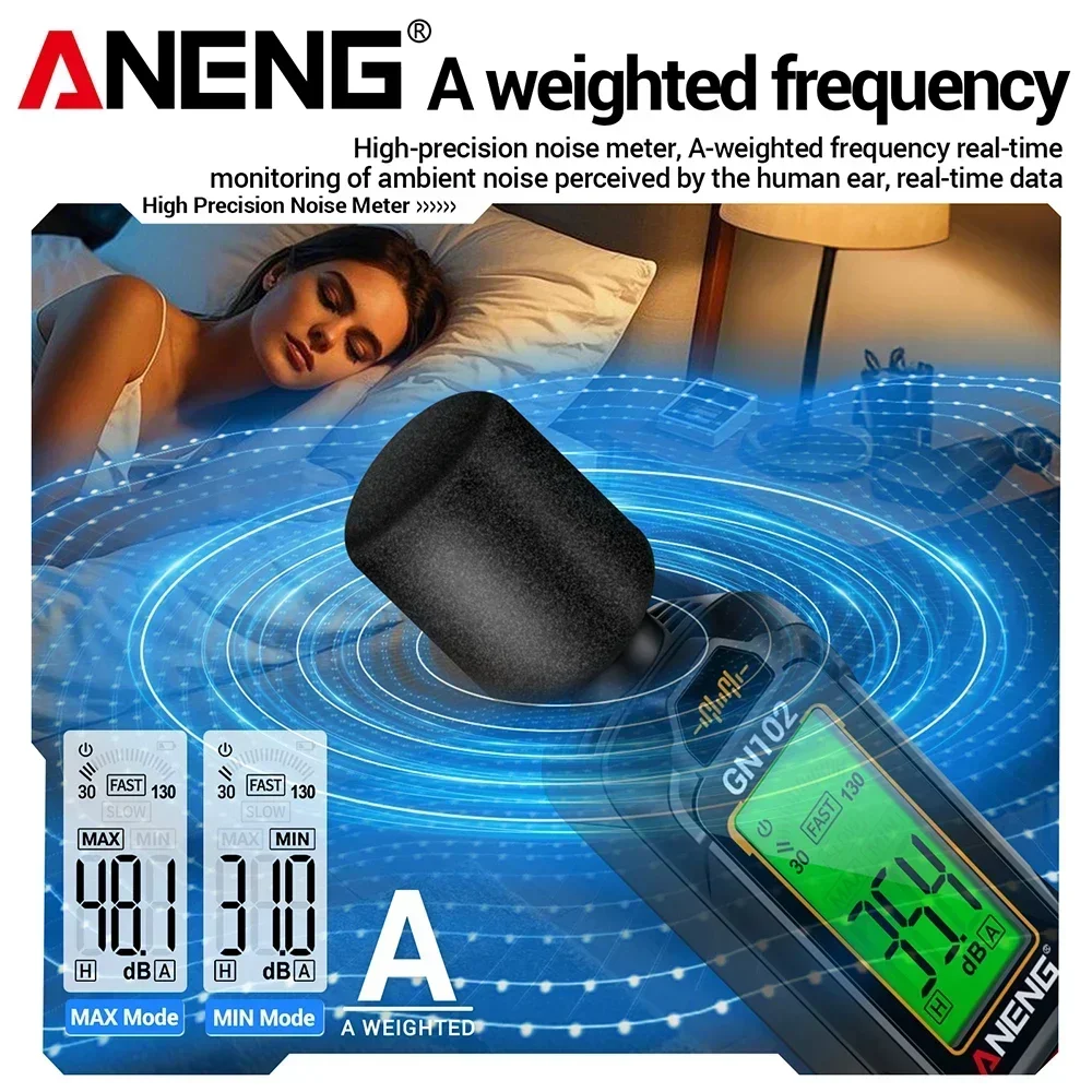 Фото Цифровой измеритель уровня звука ANENG GN102, 30-130 дБ, портативный измеритель уровня шума, измеритель децибел, инструмент для измерения шума. №5