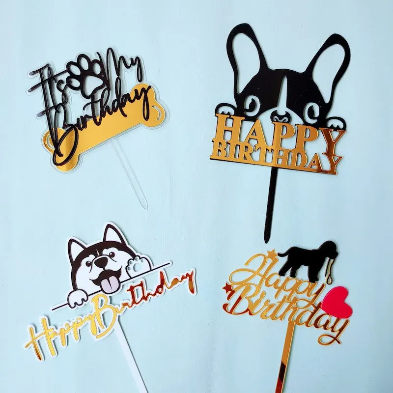 Фото Новые акриловые топперы для торта с мультяшными собаками на день рождения, двухслойные, для украшения праздничного торта на день рождения питомца, подарок для детей, декор для выпечки №3