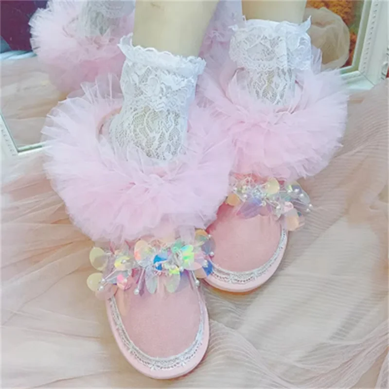 Розовые зимние сапоги с блестками и бисером сетчатые кружевные ручной работы на