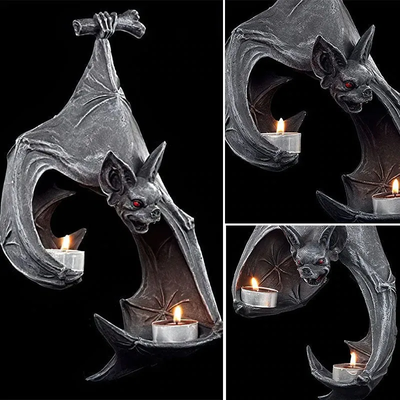 

[Funny] Bat Wall Tealight Holder candlestick Resin Statue model Action Figure toys Halloween Home Ornaments decoration kids gift