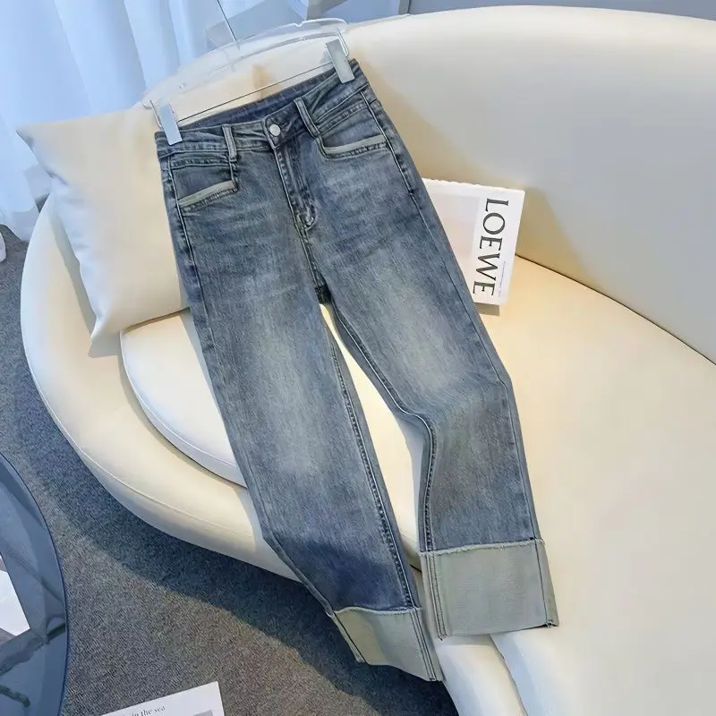 

Женские прямые джинсы в стиле ретро, брюки-карандаш с высокой талией, одежда на весну и осень, Корейская одежда, уличная одежда Y2k, 2023