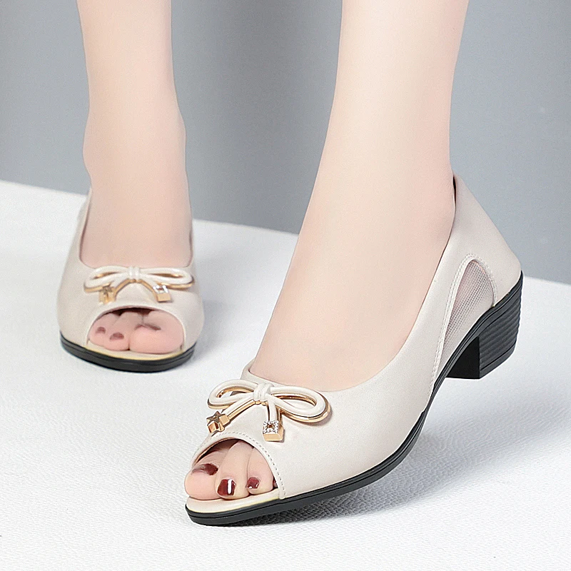 AIYUQI Summer Sandals Women Wedges 2023 New Genuine Leather Mom Sandals Fish Mouth Mid-heel Large Size Women's Sandals