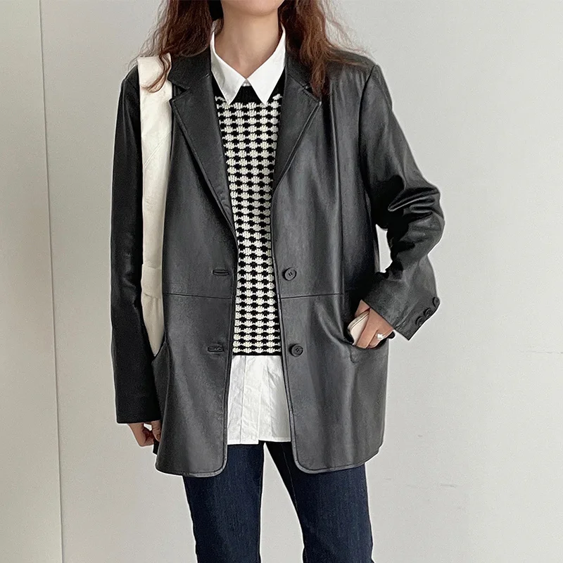 

Leather Jacket Women's Autumn Genuine and Winter 2023 New Ins Casual Medium and Length Oversize Sheepskin Leather Suit Coat