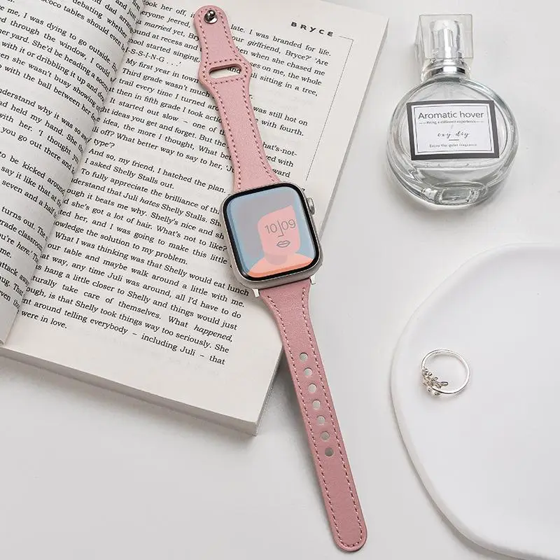 Thin Leather Strap for Apple Watch Band 41mm 44mm 40mm 45mm Women Slim Colorful Wristband for iWatch Series 8 7 6 5 se Bracelet