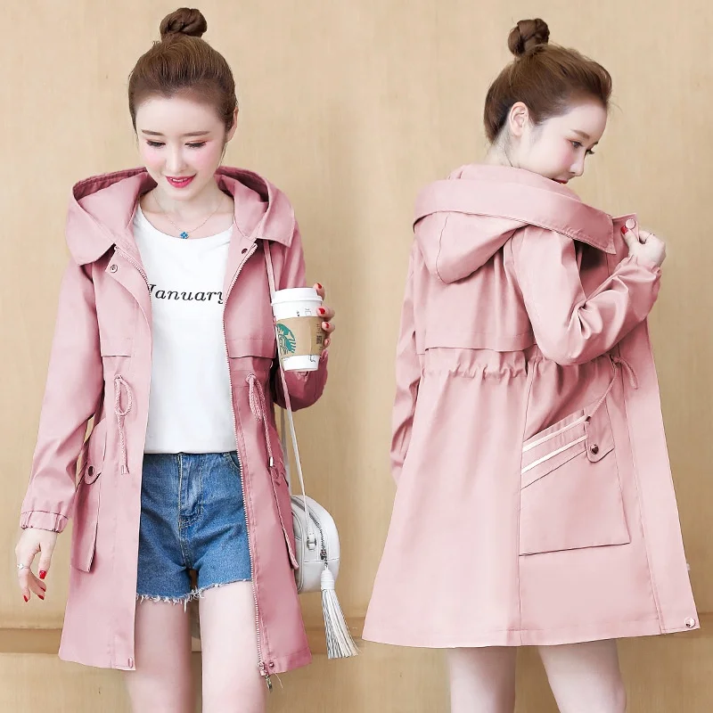 

Весенний тренчкот, женское популярное пальто с карманами, осенняя ветровка на молнии с капюшоном