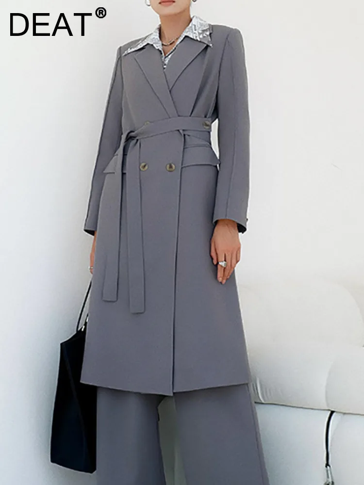 

DEAT Fashion Women Blazer Notched Collar Full Sleeve Button Lace-up Waist Solid Color Long Suit Jackets Autumn 2023 New 7AB253