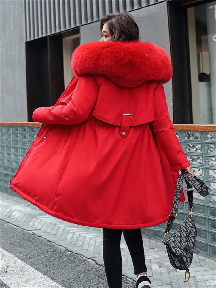 Women Coat 2022 Winter New Fashion Add Wool Thick Warmth Fur Collar Hooded Parkas Down Cotton Jacket Slim Tops Clothing Feminina