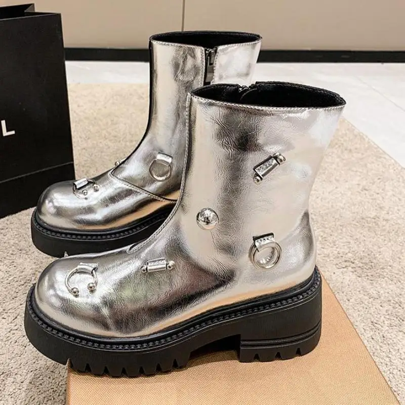 Женские ботильоны на толстой подошве с круглым носком черные 2022 Элегантная