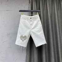 white shorts jeans womens clothing 2022 new summer wear fashion slim hollow out rhinestone mid length pants female denim shorts