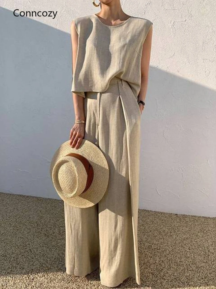 

Summer Women Vintage Matching Sets Solid Pant Sets Sexy Sleeveless Tanks Tops And Wide Leg Long Trouser Fashion Pants 2022 New