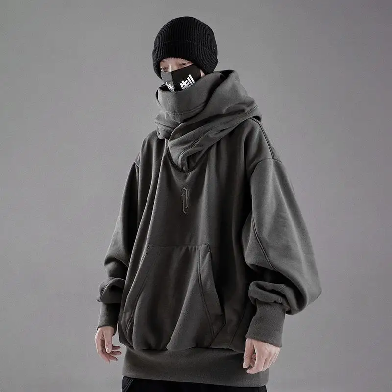 Hiphop Hoodie men's autumn and winter style Plush high collar loose embroidery high street style hip hop retro harbor style coat