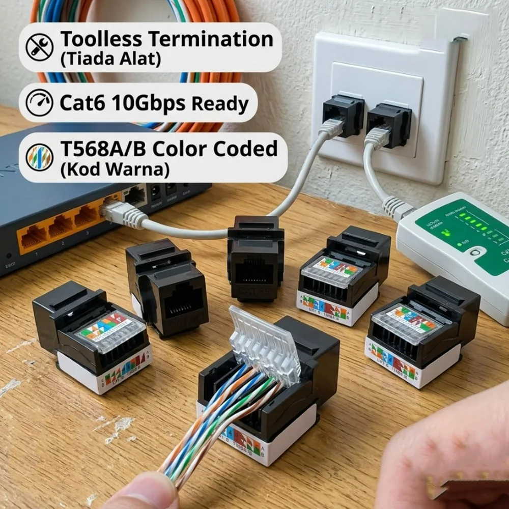 Фото Модульный соединитель RJ45 Cat6/Cat5e Ethernet Keystone Jack без инструментов для монтажа, настенный адаптер Ethernet с гнездовым разъемом №4
