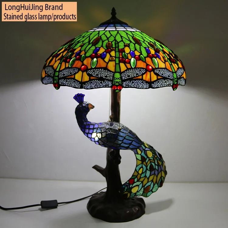 

LongHuiJing Tiffany Table Lamp Green Dragonfly Stained Glass Lampshade Light Antique Style Large Desk Lamps With Peacock Base