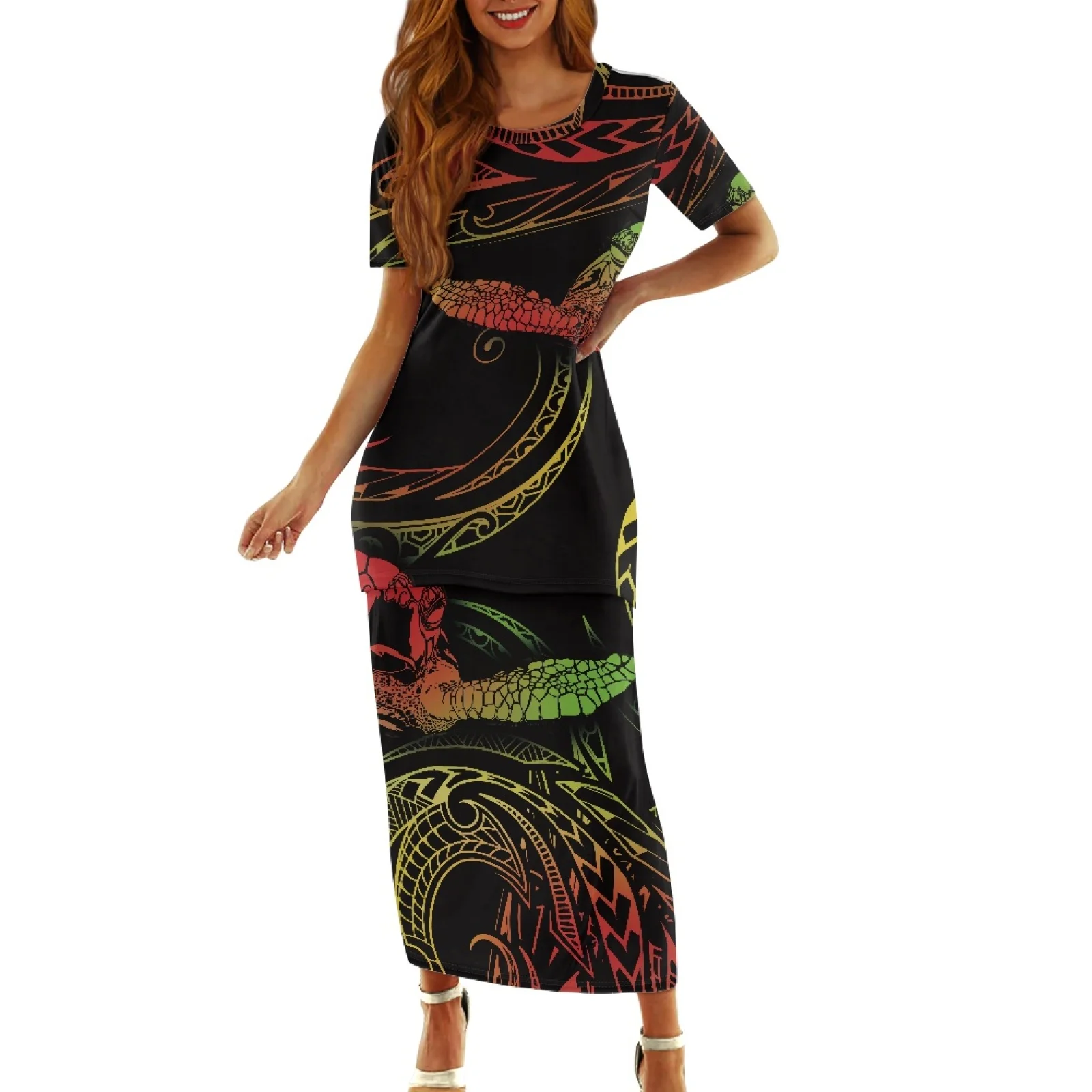 

Polynesian Tribal Samoan Totem Tattoo Samoa Prints Fashion Street Round Neck Long Dress Summer Vintage Short Sleeve Loose Dress
