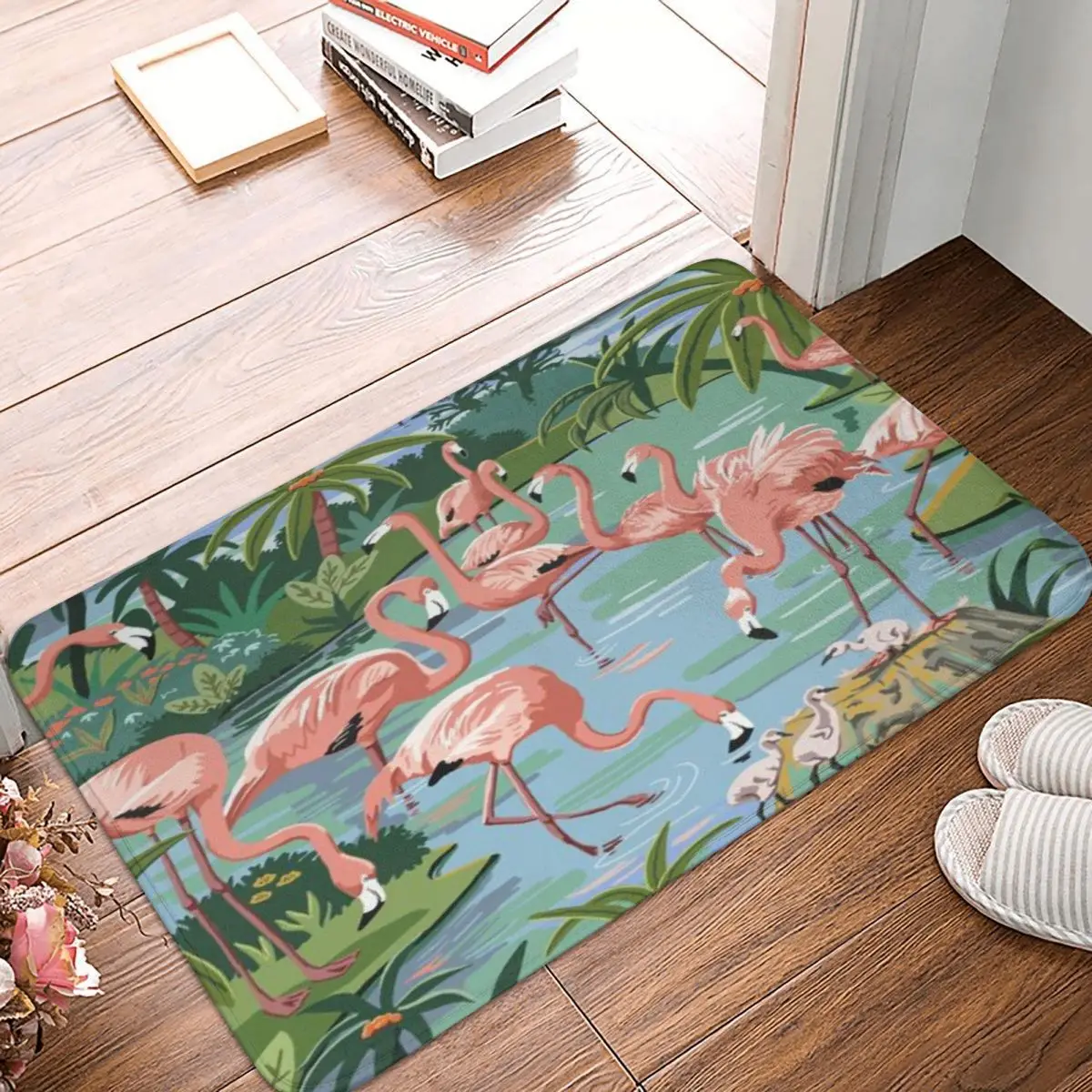 Коврик для ванной в винтажном стиле с изображением фламинго и лагуны