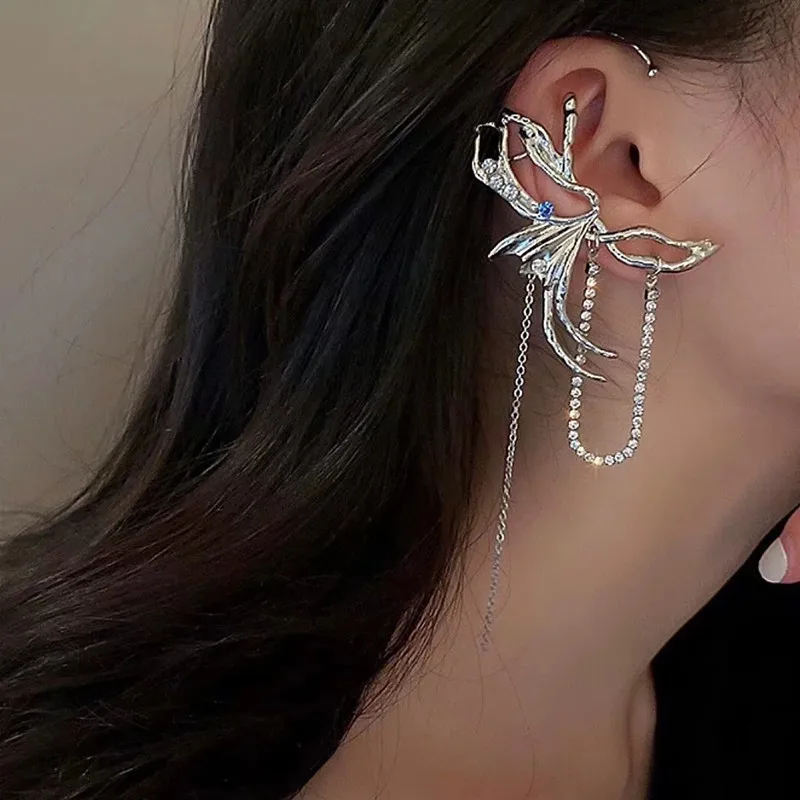 

Butterfly Brick Inlaid Tassel Earrings For Women Earbone Clip Integrated Exaggerated Personalized Korean Fashion Jewelry Gifts