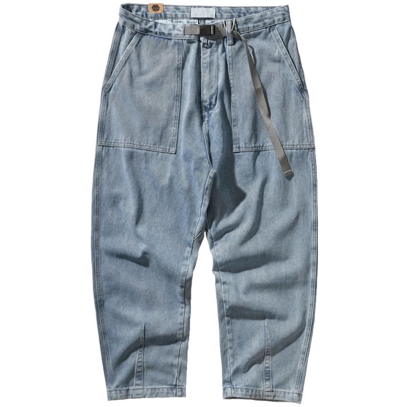 American Heavy washed Vintage light blue jeans men's Japanese fashion brand loose straight wide leg pants fashion
