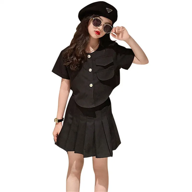 

Teenage Girls Summer Casual Black Clothing Sets Kids Short Sleeve Top+Skirt 2Pcs Uniform Children Outfits 6 7 8 9 10 11 12 14Yrs