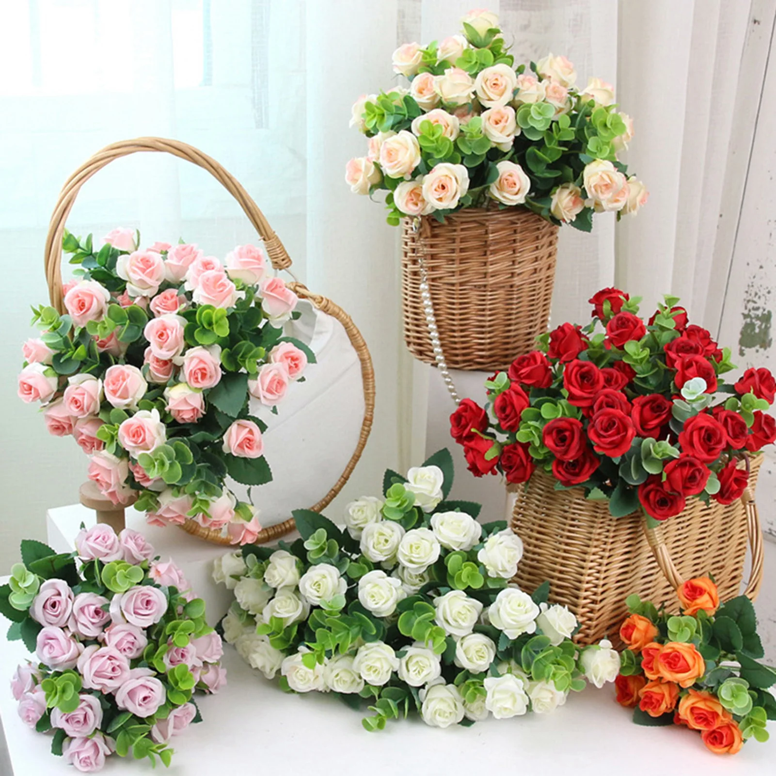 

5pcs Artificial Flower Silk Rose white Eucalyptus leaves Peony Bouquet Fake Flower for Wedding Table Party Vase Home Decor
