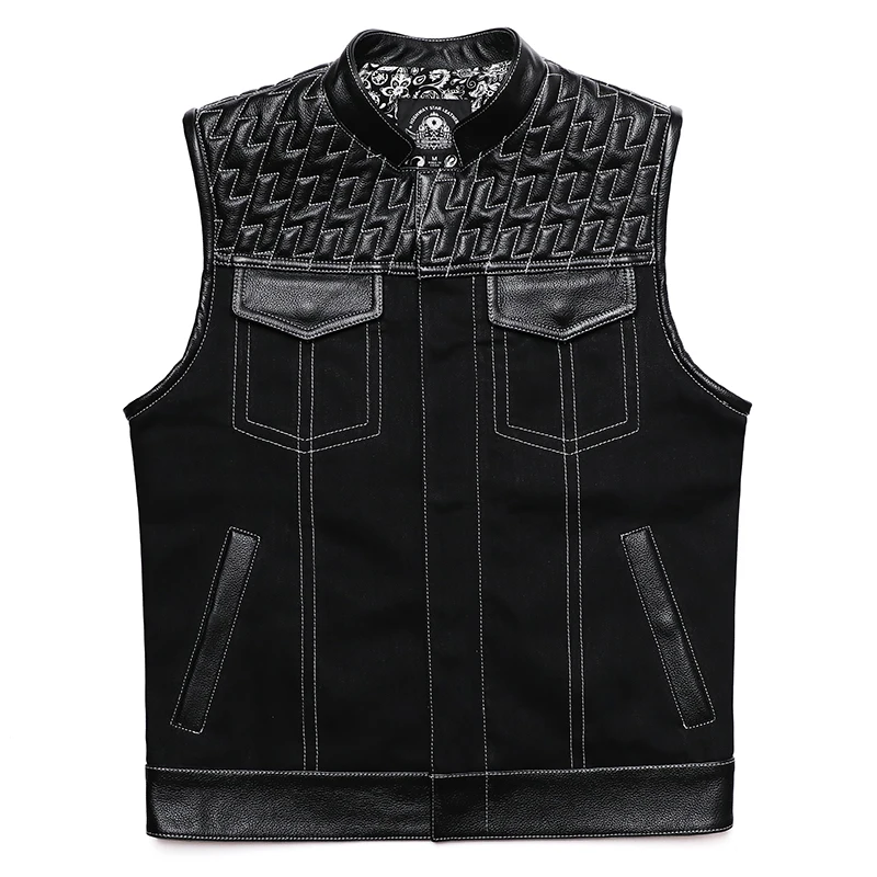 SOA Club Style Motorcycle Real Leather Vest Men Cowhide Denim Patchwork Waistcoat Sons of Anarchy Biker Vests DS MC Man Sleevele |