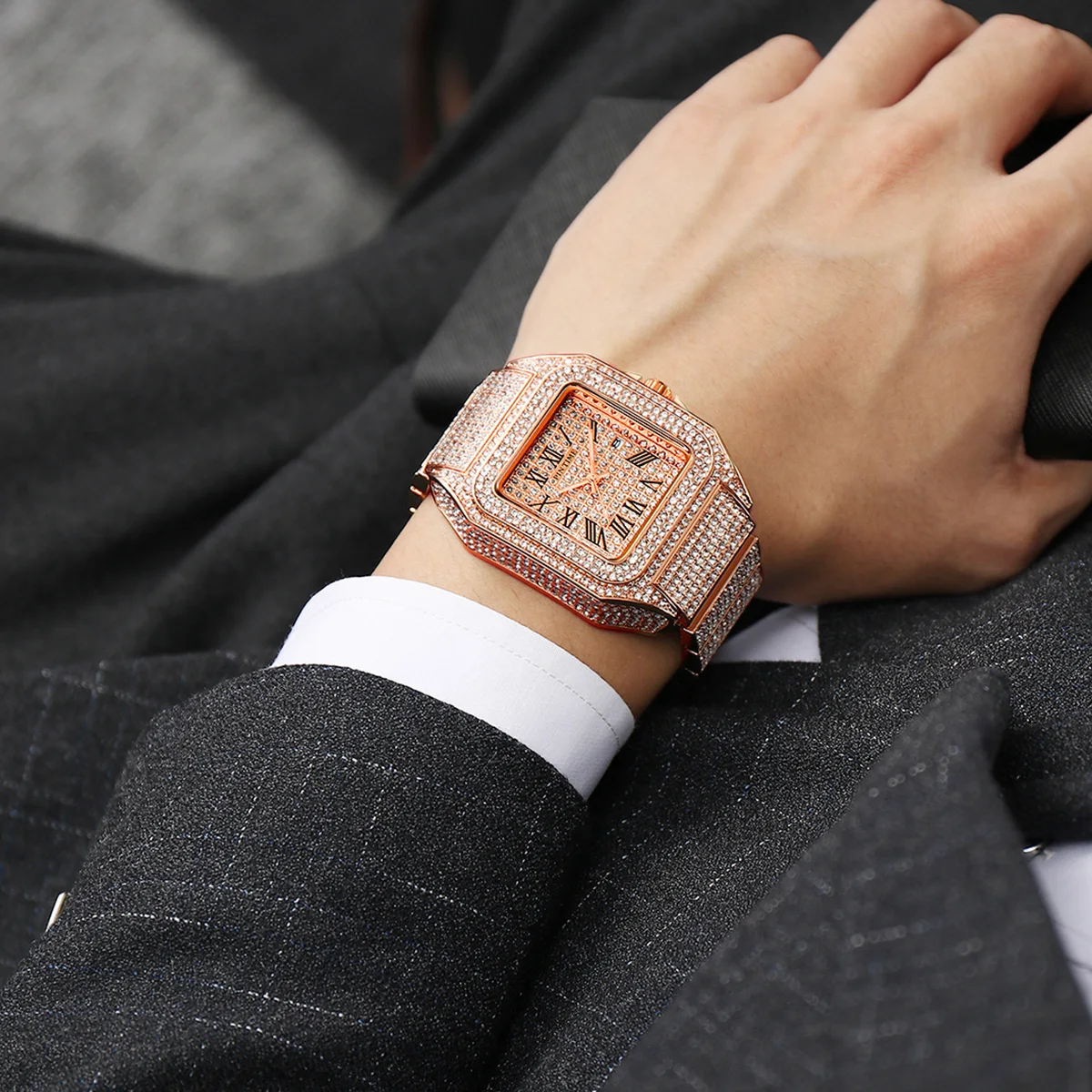 

Waterproof Quartz Wristwatches Luxury Diamonds Man Watch Rose Gold Ice Out Square Watches Leisure Business Relogios Masculino