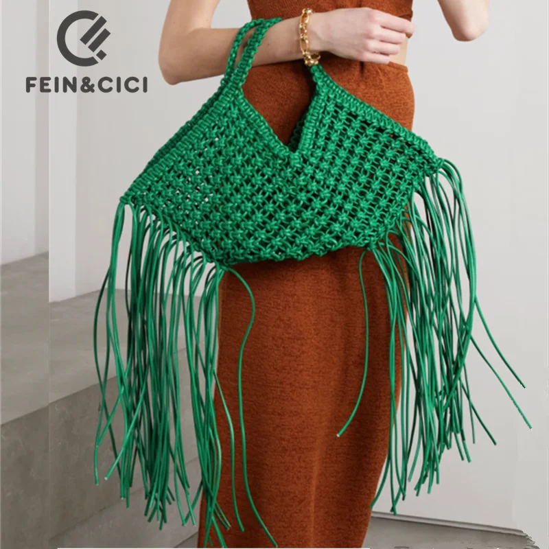 Designer woven fringed tote bag Women New Casual Ethnic Style Braided crochet net bag summer beach bucket purse