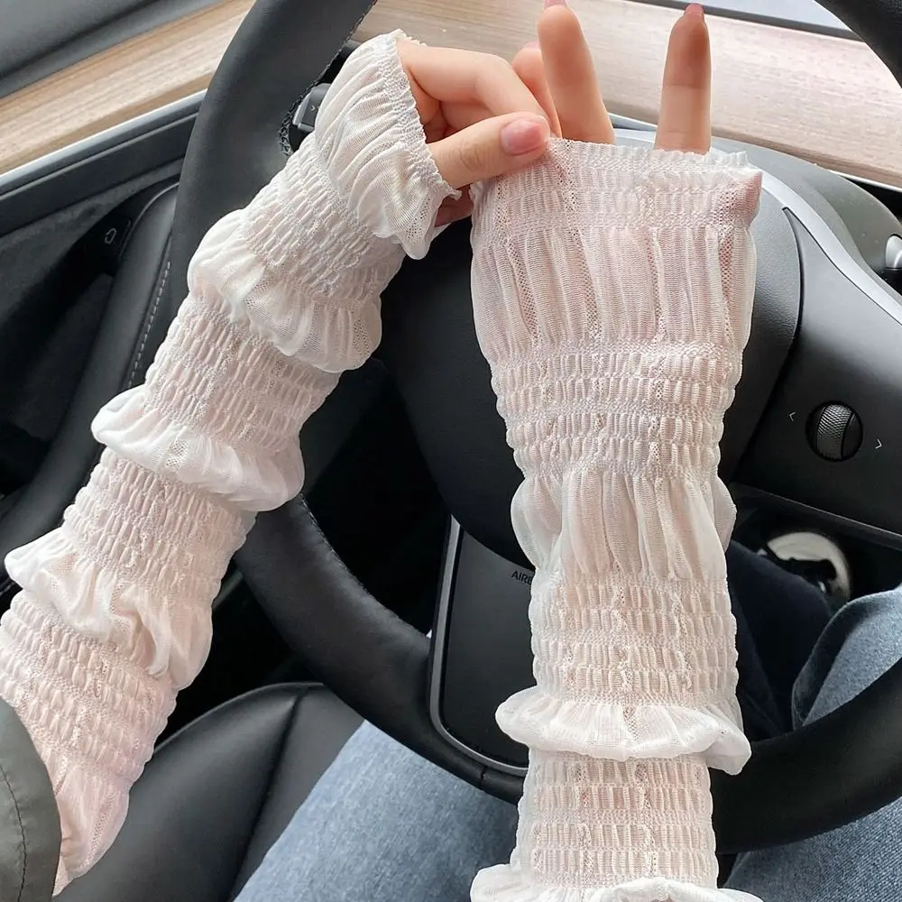 

Summer Ice Silk Lace Sunscreen Sleeves Loose Ruffle Driving Cycling Outdoor Sports Girls Breathable Anti-Uv Sleeves