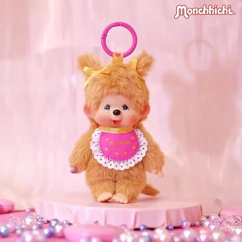 Фото Новая оригинальная плюшевая фигурка Monchhichi: Золотистый ретривер с банданой в форме сердца и косичками, мягкая плюшевая кукла, подарок, игрушка, брелок №3