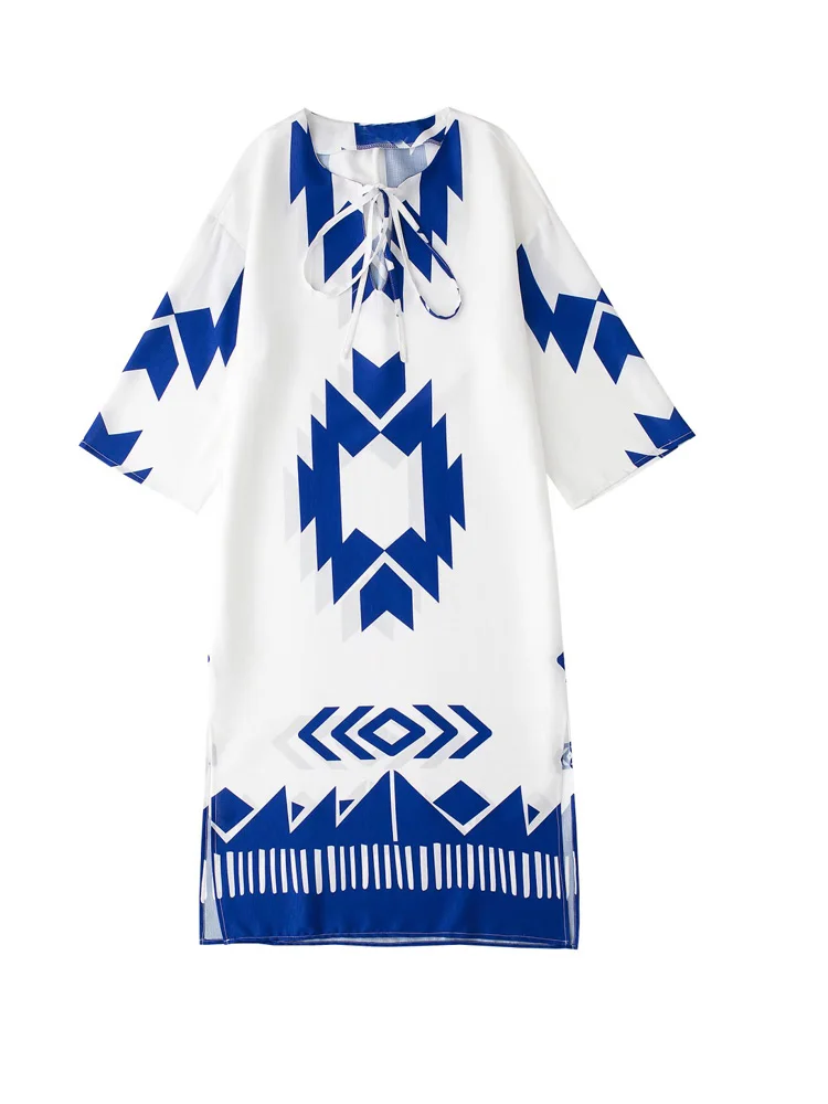 

Женское винтажное платье миди с цветочным принтом, свободные элегантные уличные платья с коротким рукавом и V-образным вырезом, одежда для л...