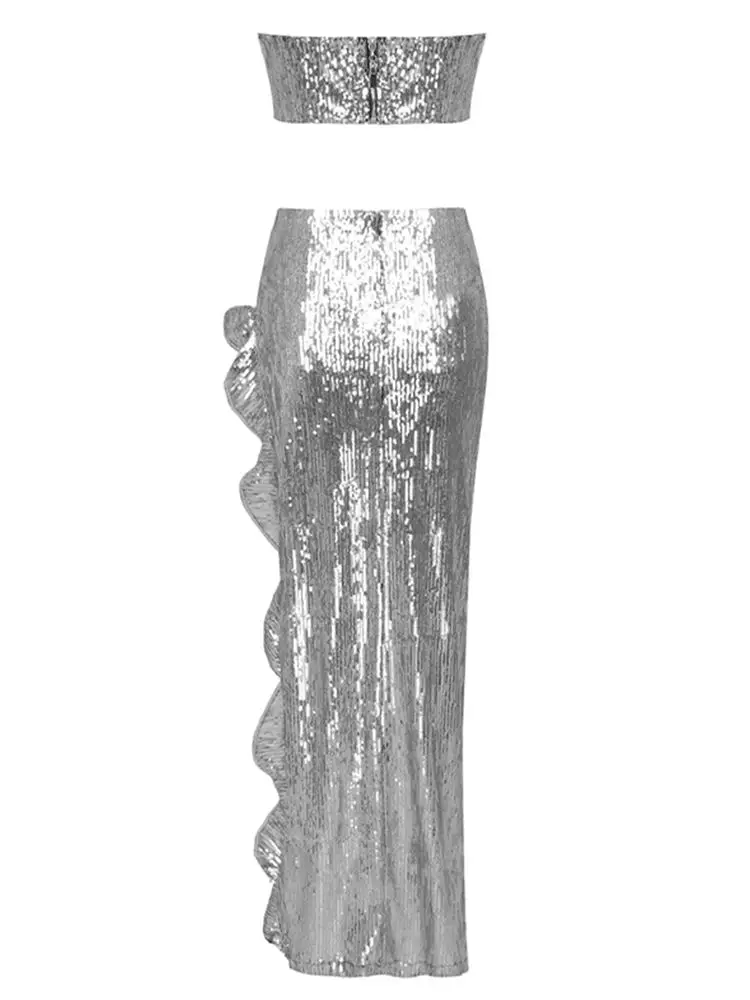 Fashion Sexy Women Sequins 2-Piece Set Elegant Luxury Short Top  Ruffled Side Split Long Skirt Birthday Evening Cocktail Party