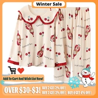 big 3xl 4xl 5xl plus size cotton lingere homewear long sleeve pullover pajama for women big lounge wear cherry printed sleepwear