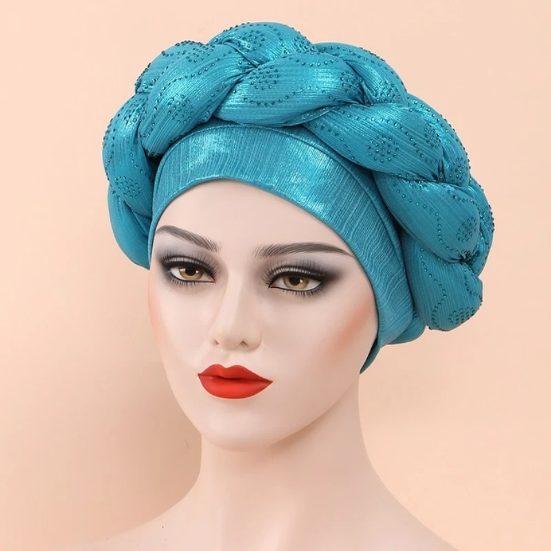 Nigerian Headtie For Women Braided Turban Cap Sequin Hijab Hat Lady Auto Geles Aso Oke Already Made Ebi Head Wrap Turbante Mujer