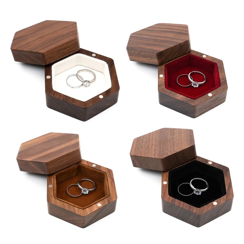 

L21E Hexagon Solid Wood Ring Box Jewelry Storage Bag Wooden Gift Box Proposal Engagement Wedding Ceremony Birthday Gift