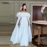 oimg white off the shoulder feathers silk chiffon evening dresses long cape sleeves arabic women formal prom dress robe mariage