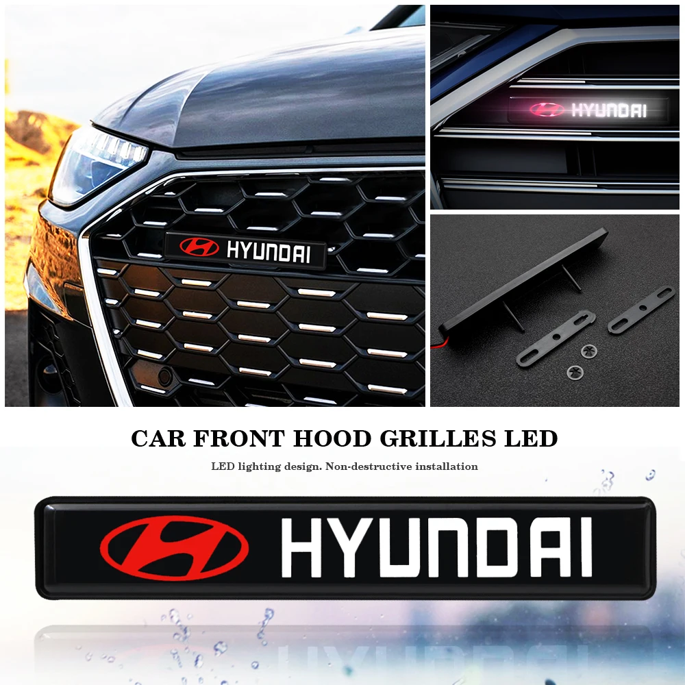 

Popular Car Front Hood Radiator Grille LED Lights Auto Emblem Decorative Lamps For Hyundai N Santa Fe Sonata Solaris Azera Creta