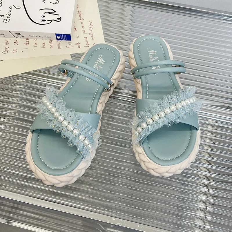 

New 2022 Summer Fairy Style String Bead Solid Color Women Casual Sandals Thick Platform Lady Beach Slippers Flip Flops Size35-40
