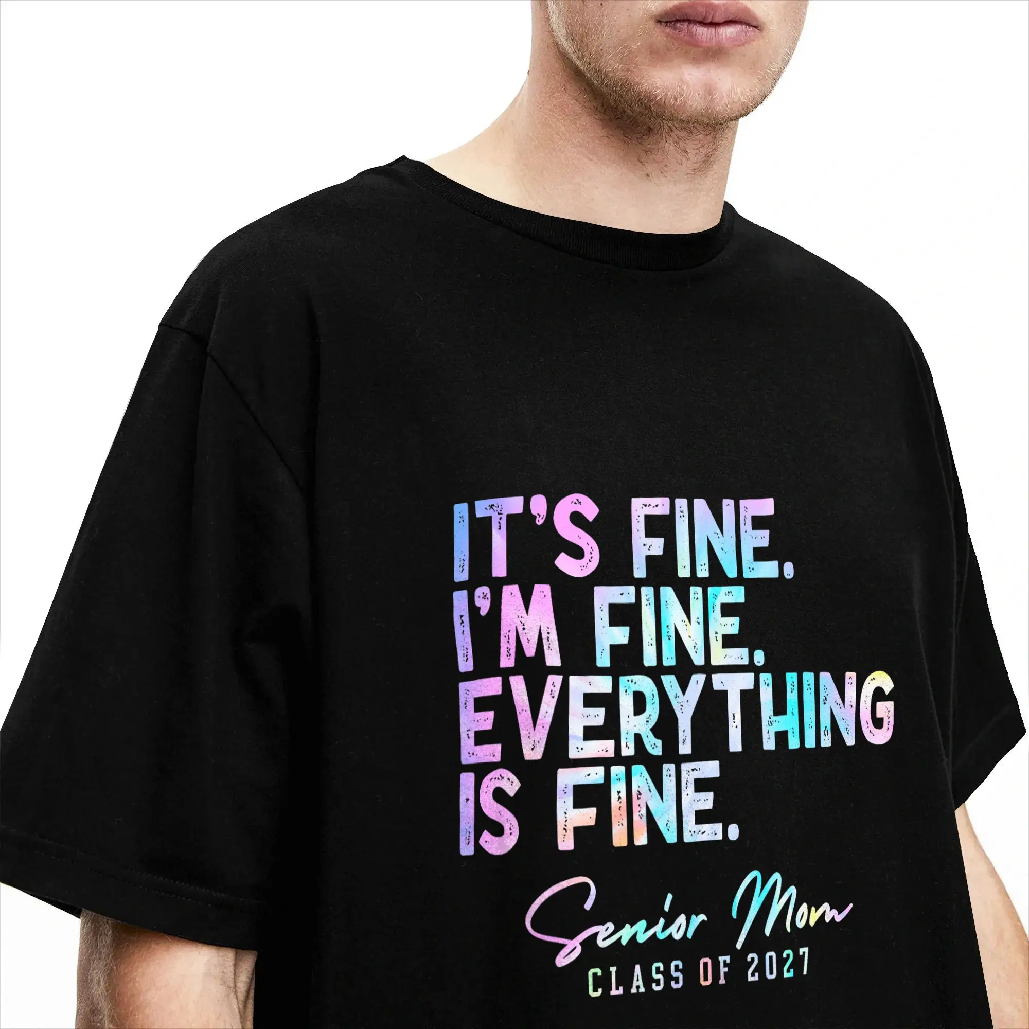 Фото Футболка Tie Dye I'm Fine Everything is Fine Senior Mom Class of 2027 из 100% хлопка для мужчин, пляжная уличная одежда, футболки с круглым вырезом №3