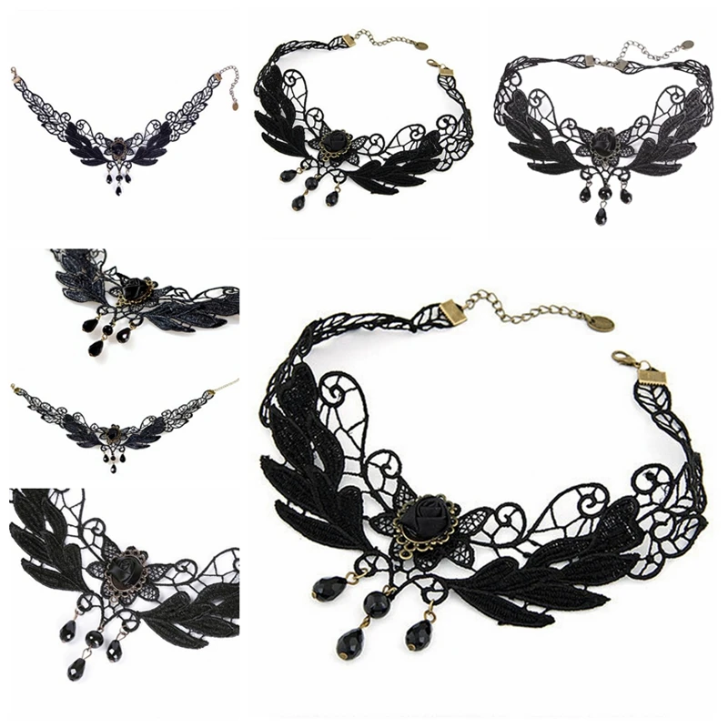 1 pcs gothic vintage hot sale women black rose teardrop pendant sexy lace necklace lolita collar necklace brand newly free global shipping